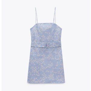 NWOT Zara Linen Blend Floral Belted Dress Blue